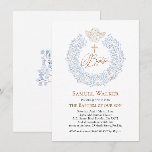 Bloemblauw Baby Angel Cross Doop Kaart (Voorkant / Achterkant)