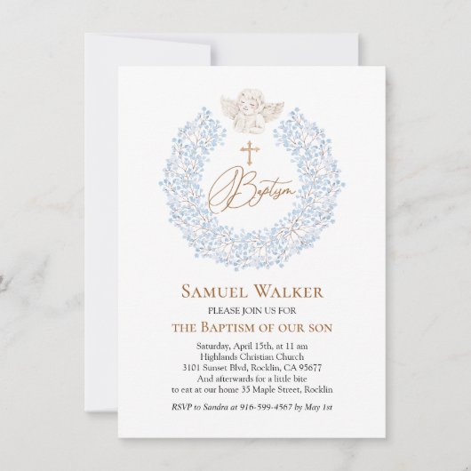 Bloemblauw Baby Angel Cross Doop Kaart (Voorkant)