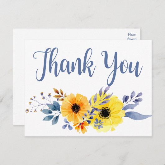 Bloemblauw Bedankt Gele Waterverf Bloemen Briefkaart (Voorkant / Achterkant)