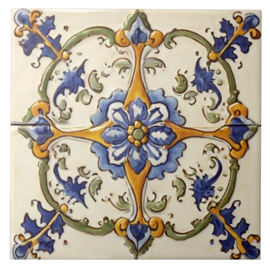  Bloemblauw Bloem op Wit Groen & Geel Tegeltje (Voorkant)