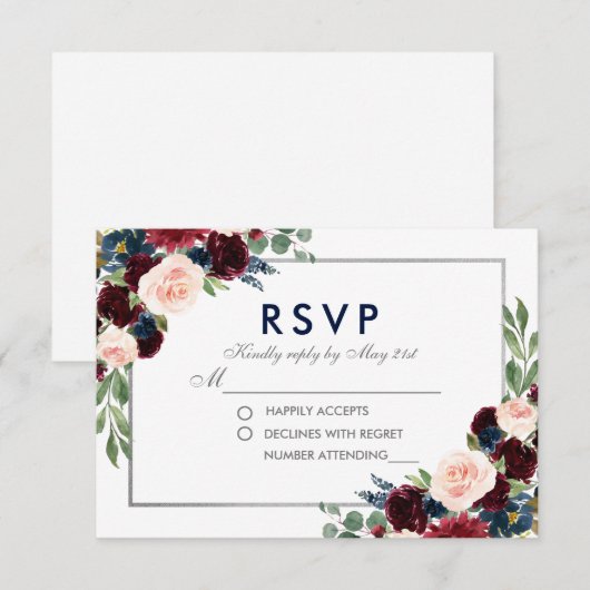 Bloemblauw Bourgondië bruiloft zilver RSVP Kaartje (Voorkant / Achterkant)