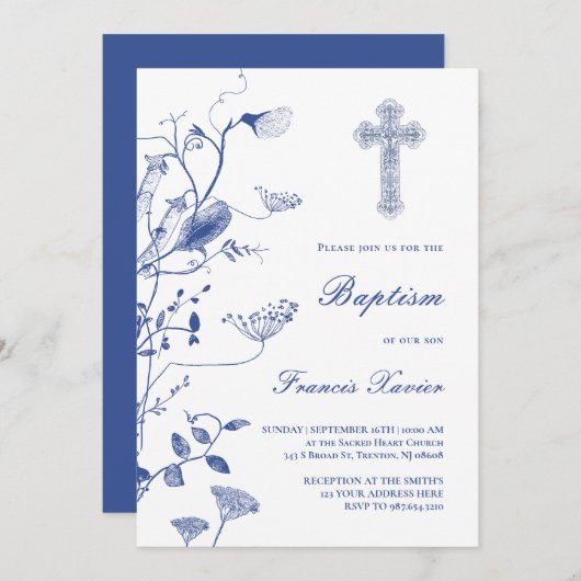 Bloemblauw chinoiserie ontwerp | Doop Kaart (Voorkant / Achterkant)