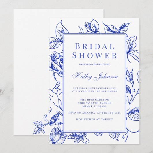  Bloemblauw Chinoiserie Vrijgezellenfeest Kaart (Voorkant / Achterkant)