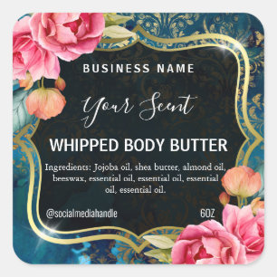 Bloemblauw en zwart body boter etiketten. vierkante sticker