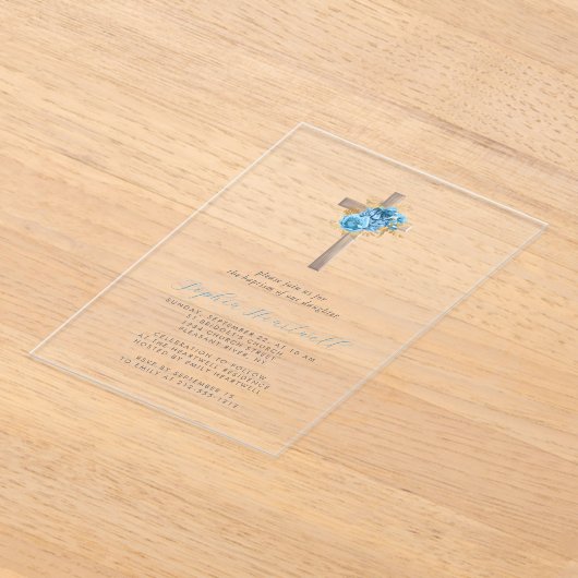 Bloemblauw Goud Kruis doop Acryl Uitnodigingen (Laagn)