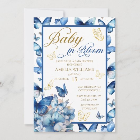 Bloemblauw Gouden Vlinder Baby in Bloei Douche Kaart (Voorkant)