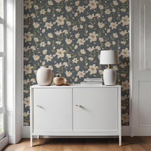 Bloemblauw grijs beige lelie botanisch patroon behang