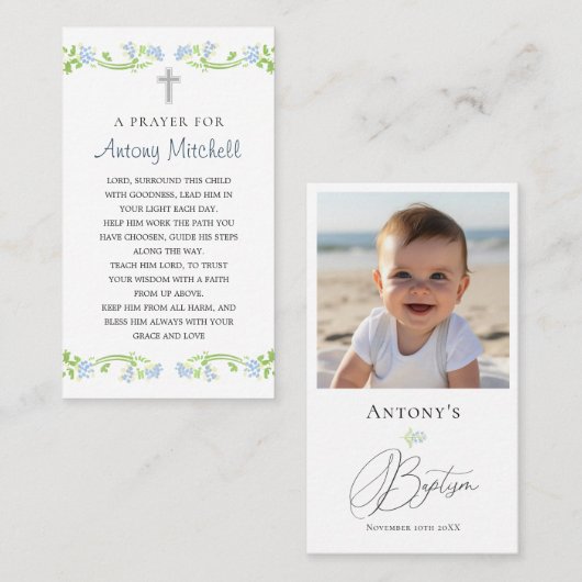 Bloemblauw groen kruis doopgebed contactkaartje (Voorkant / Achterkant)