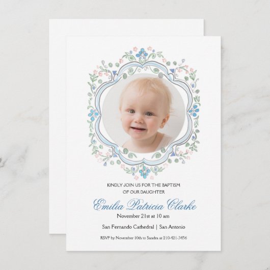 Bloemblauw Groen Roze Eenvoudige Doop Kaart (Voorkant / Achterkant)