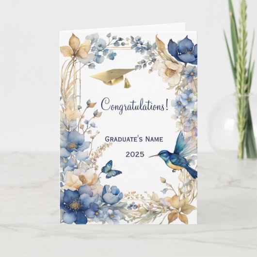 Bloemblauw Hummingbird gepersonaliseerd Afstuderen Kaart (Voorkant)