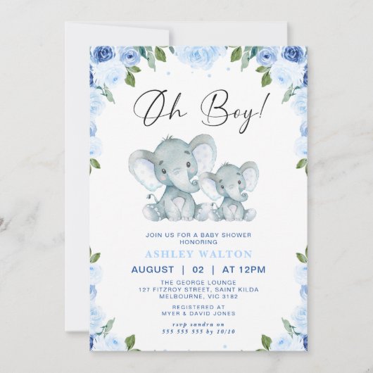Bloemblauw Oh Boy Elephant Baby shower Kaart (Voorkant)