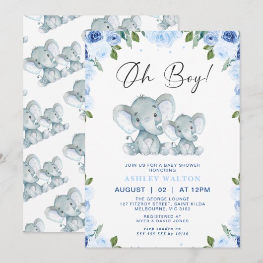 Bloemblauw Oh Boy Elephant Baby shower Kaart (Voorkant / Achterkant)