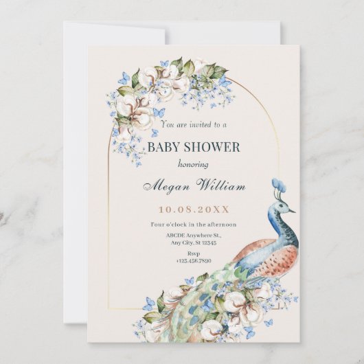 Bloemblauw pauw vogel baby shower kaart (Voorkant)