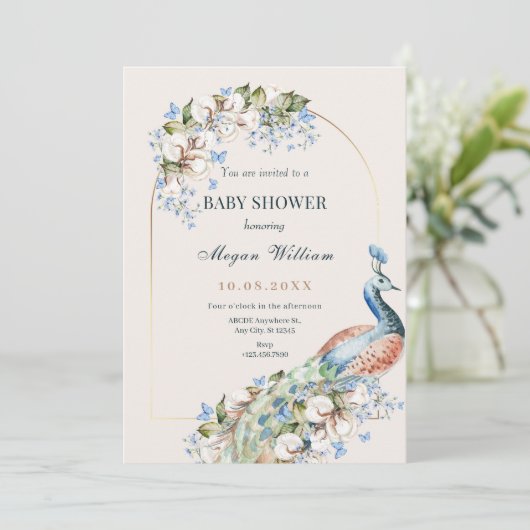 Bloemblauw pauw vogel baby shower kaart (Staand voorkant)