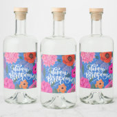 Bloemblauw Roze Verjaardagsfeest Likeurfles Etiket (Flessen)
