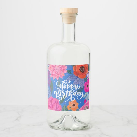Bloemblauw Roze Verjaardagsfeest Likeurfles Etiket (Voorkant)