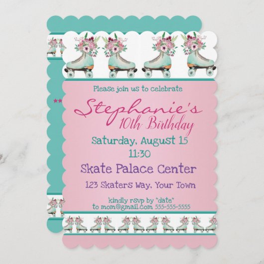 Bloemblauw Schaats Birthday Party Kaart (Voorkant / Achterkant)