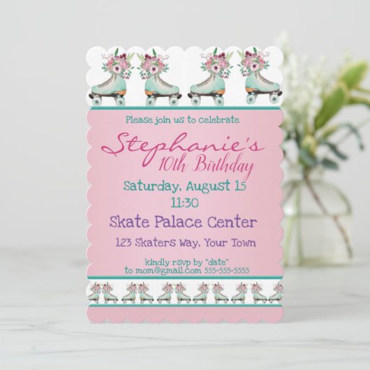 Bloemblauw Schaats Birthday Party Kaart (Staand voorkant)