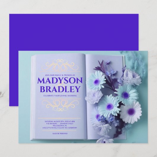  Bloemblauw Storybook Boek Trouwen Kaart (Voorkant / Achterkant)