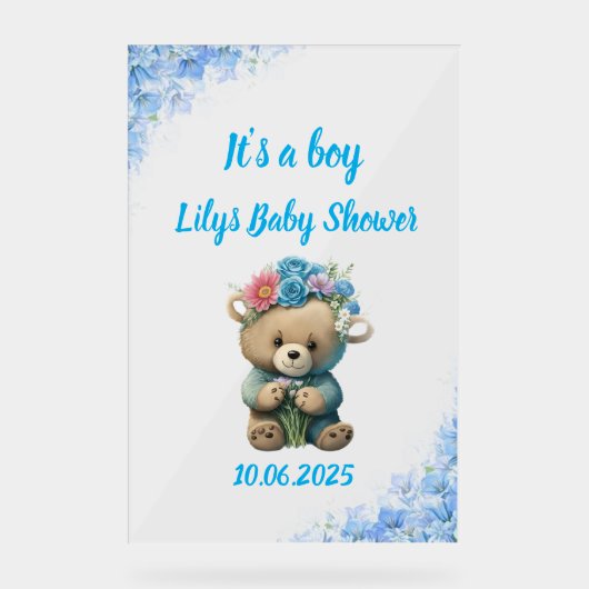 Bloemblauw teddy acryl baby shower teken acryl bord (Voorkant)