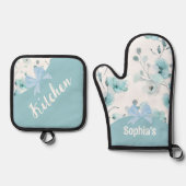 Bloemblauw turquoise lint ovenwant & pannenlap set (Voorkant)