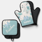 Bloemblauw turquoise lint ovenwant & pannenlap set (Voorkant / Achterkant)