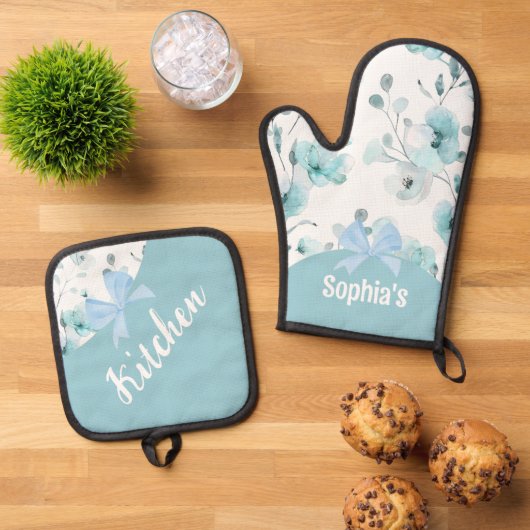 Bloemblauw turquoise lint ovenwant & pannenlap set (Top down)