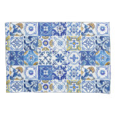 Bloemblauw, wit & geel mediterraan patroon kussensloop (Voorkant-Links)