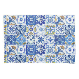 Bloemblauw, wit & geel mediterraan patroon kussensloop