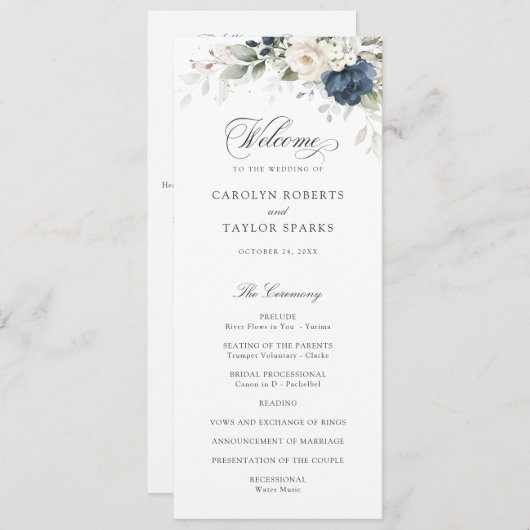 Bloemblauw wit groen goud bruiloft programma programmakaart (Voorkant / Achterkant)