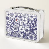 Bloemblauw Wit Tekening Metalen Lunch Box (Achterkant)