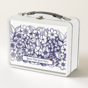 Bloemblauw Wit Tekening Metalen Lunch Box