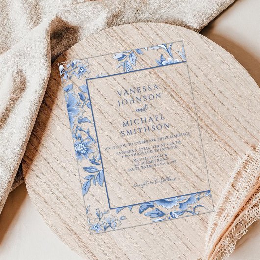 Bloemblauw Wit Toile de Jouy Acryl Uitnodigingen