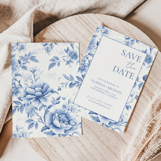Bloemblauw Wit Toile de Jouy Save The Date