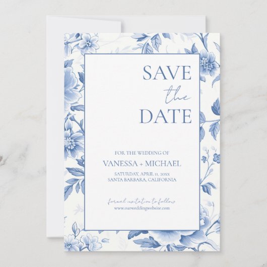 Bloemblauw Wit Toile de Jouy Save The Date (Voorkant)