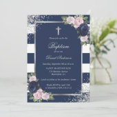 Bloemblauw Zilveren Kruis Elegante Doop Kaart (Staand voorkant)