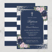 Bloemblauw Zilveren Kruis Elegante Doop Kaart (Voorkant / Achterkant)