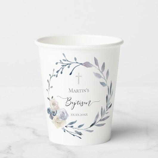 bloemblauwe krans Doop Papieren beker (Achterkant)