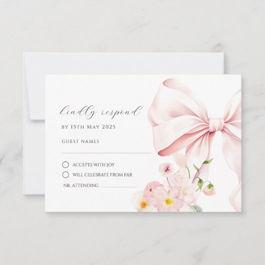 Bloembloei Roze Bow Elegant RSVP Response Kaart (Voorkant)