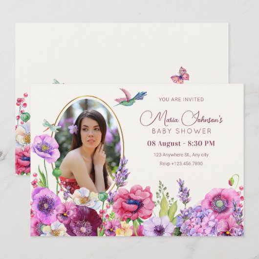 Bloembloem foto baby shower kaart (Voorkant / Achterkant)