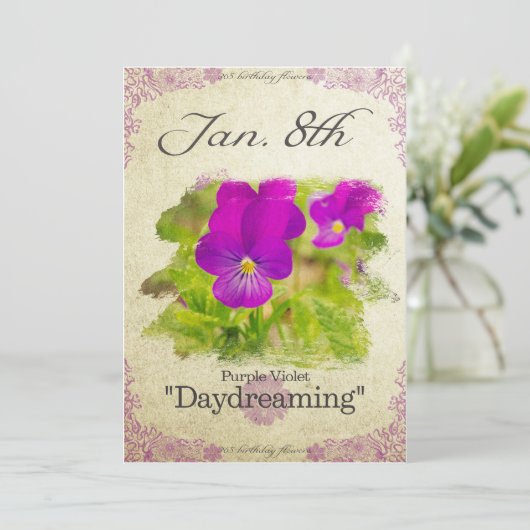 Bloembloemen op 8 januari "Paars Violet" Kaart (Staand voorkant)