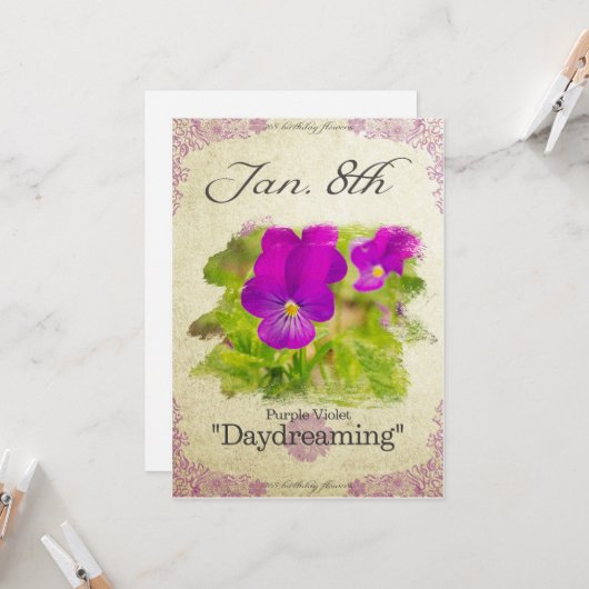 Bloembloemen op 8 januari "Paars Violet" Kaart (Voorkant / Achterkant in situ)