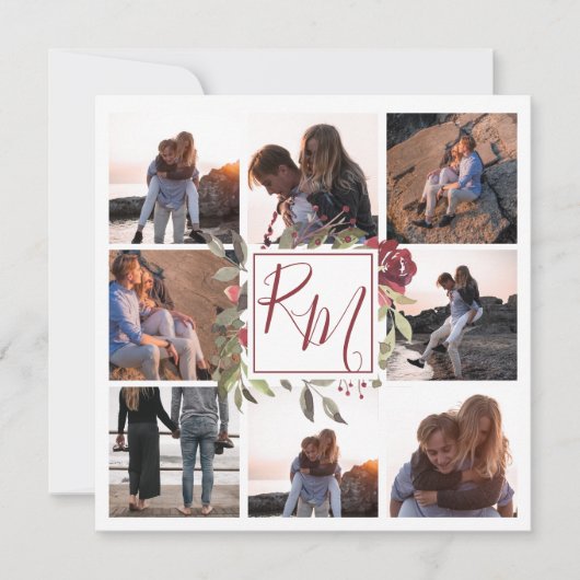 Bloemblok Monogram Bourgogne Floral Multi Foto Save The Date (Voorkant)