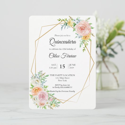 Bloemblush elegante Quinceañera uitnodiging (Staand voorkant)