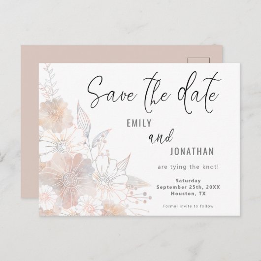 Bloemblush perzik grijs bruiloft Bewaar de datum Briefkaart (Voorkant / Achterkant)