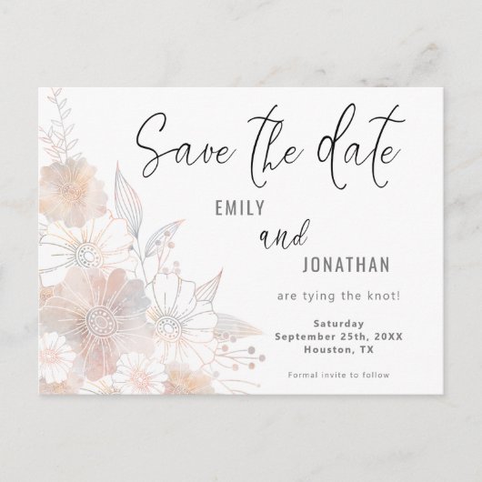 Bloemblush perzik grijs bruiloft Bewaar de datum Briefkaart (Voorkant)