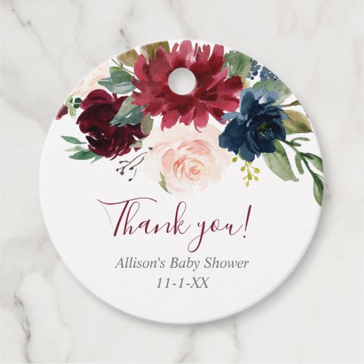 Bloemblush roze bordeaux marineblauw bedankjes labels (Voorkant)