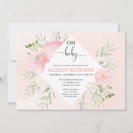 Bloemblush roze en groen meisje baby shower kaart (Voorkant)