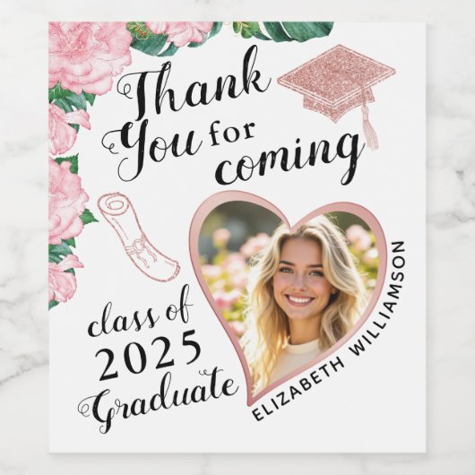 Bloemblush roze en wit Afstuderen Dank u Wijn Etiket (Enkel label)