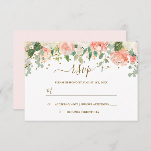 Bloemblush Roze Goud Confetti RSVP (Voorkant / Achterkant)